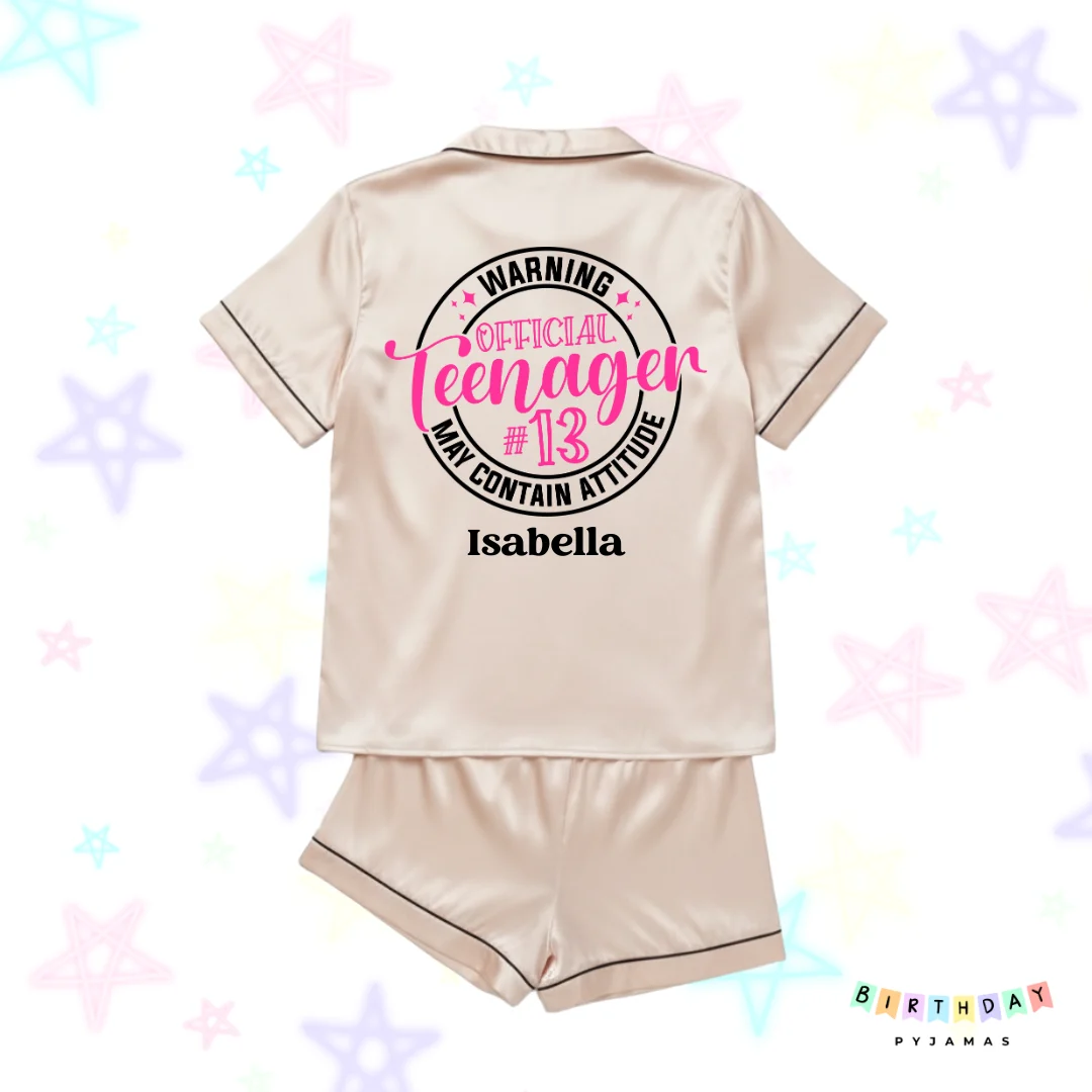 Warning Official Teenager Personalised Pyjamas – 13th Birthday Satin Short Set