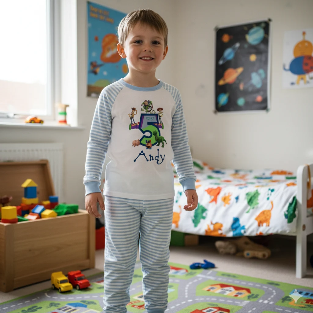 Andy Toy Story Edition Personalised Birthday Pyjamas Crafted from soft, breathable cotton, this pyjama set keeps little dreamers comfy all night long while sparking imagination and joy. Customised with your child’s name and age, it’s not just pyjamas — it’s a keepsake they’ll cherish. ✨ Features & Benefits: Soft 100% Cotton Fabric: Gentle on sensitive skin for dreamy comfort. Playful Birthday Print: Personalised with your child’s name and age. Long-Sleeve Design: Ideal for year-round cosy wear. Elastic Waistband: Provides a snug, flexible fit for active sleepers. Perfect Gift for Kids: Great for birthday mornings, parties, and bedtime photos.